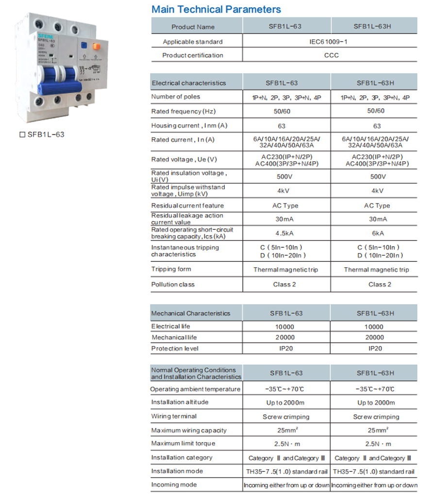 Miniature Circuit Breaker SFB1L-63 Series Technical Parameters